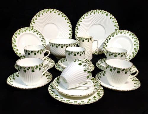 Antique Edwardian Green And White Tuscan Floral Tea set for 6 People Cup Saucer